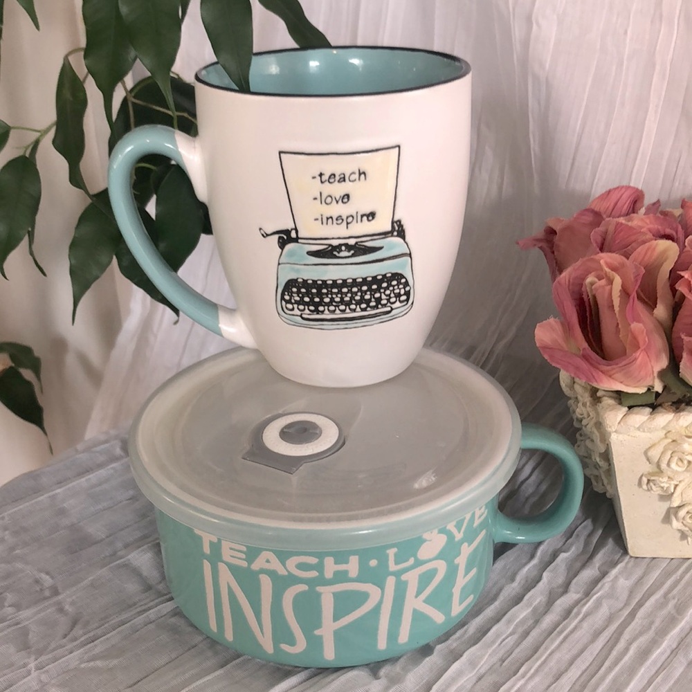 TEACHER 2 PACK soup leftovers microwave bowl with lid & ceramic coffee mug